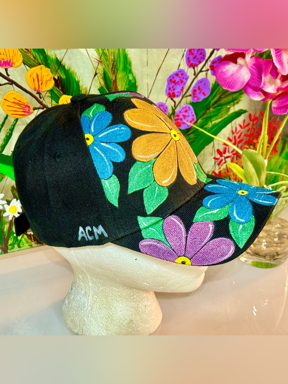 Black Floral Painted Baseball Cap - Multicolor Flower Print - Picture 9 of 13